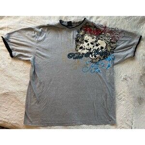 Vintage 90s Y2K Paco Jeans Ed Hardy Style Gray Tee Mens XL Skulls Grunge